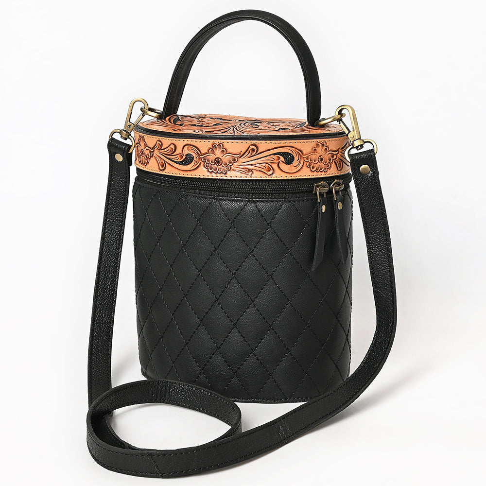 ADBGA698 Black Quilted Barrel Crossbody Bag with Tooled Floral Leather Top