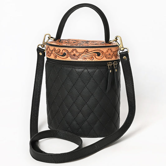 ADBGA698 Black Quilted Barrel Crossbody Bag with Tooled Floral Leather Top