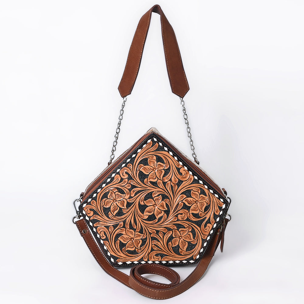 ADBGA701 Western Hexagon Cowhide Crossbody Bag with Floral Hand-Tooled Leather
