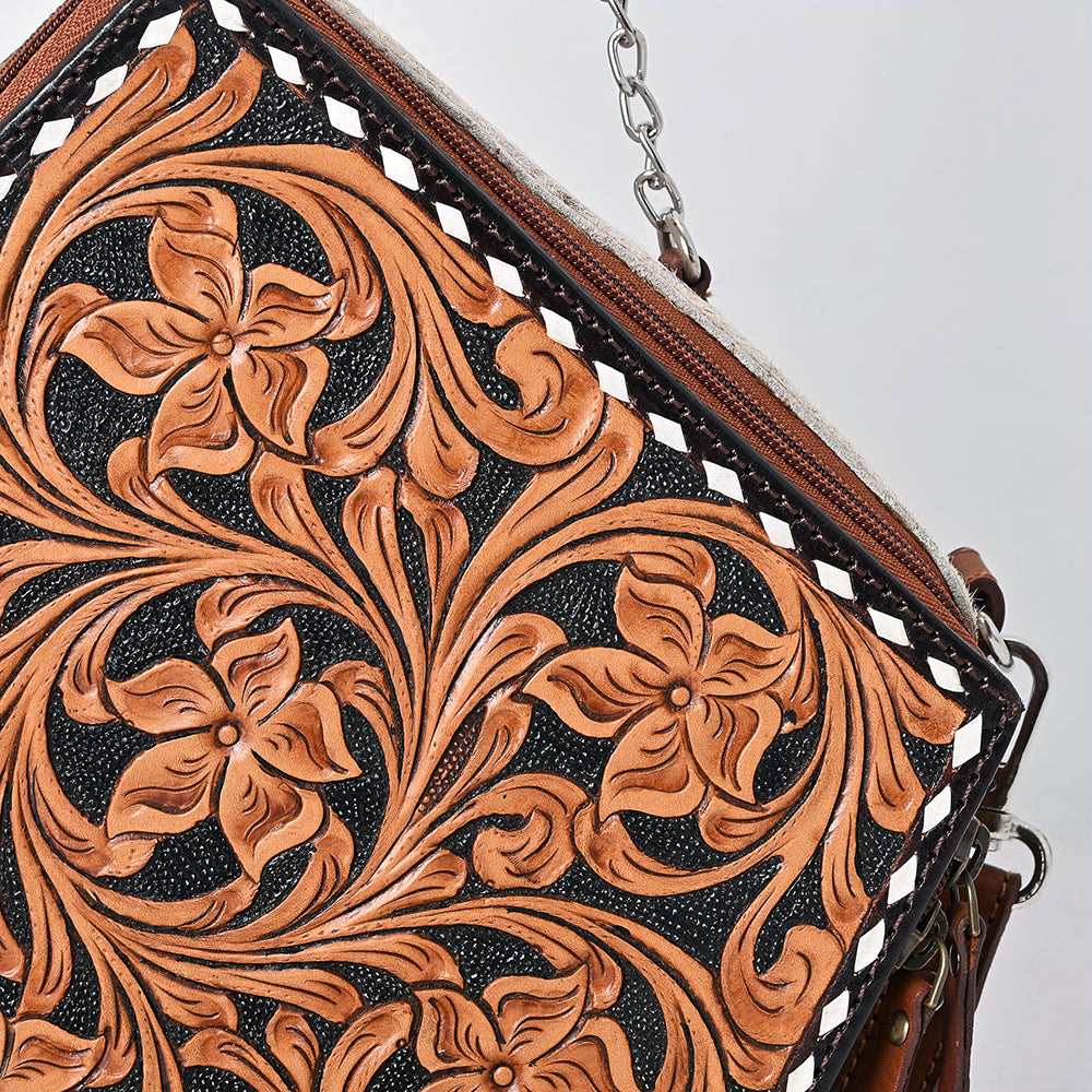 ADBGA701 Western Hexagon Cowhide Crossbody Bag with Floral Hand-Tooled Leather