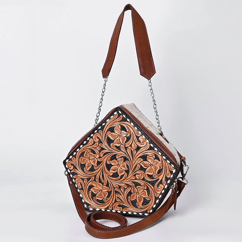 ADBGA701 Western Hexagon Cowhide Crossbody Bag with Floral Hand-Tooled Leather