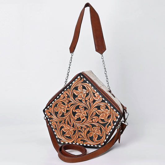 ADBGA701 Western Hexagon Cowhide Crossbody Bag with Floral Hand-Tooled Leather