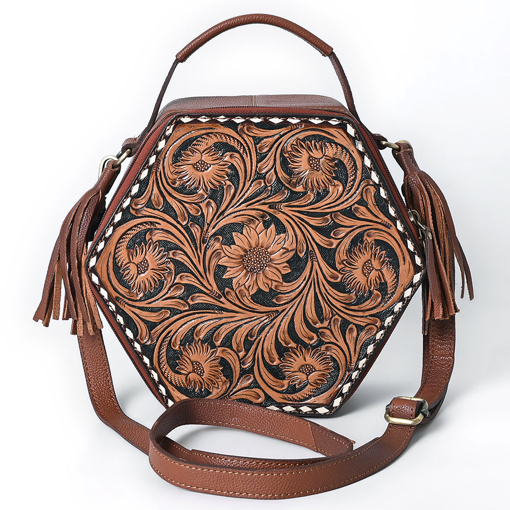 ADBGA702 Western Hexagon Hand-Tooled Leather Crossbody Bag with Floral Carving & Tassels