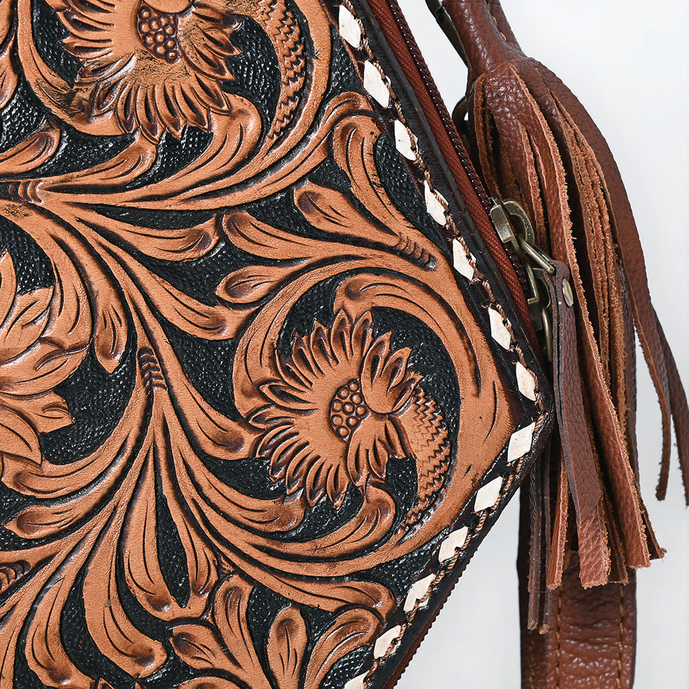 ADBGA702 Western Hexagon Hand-Tooled Leather Crossbody Bag with Floral Carving & Tassels