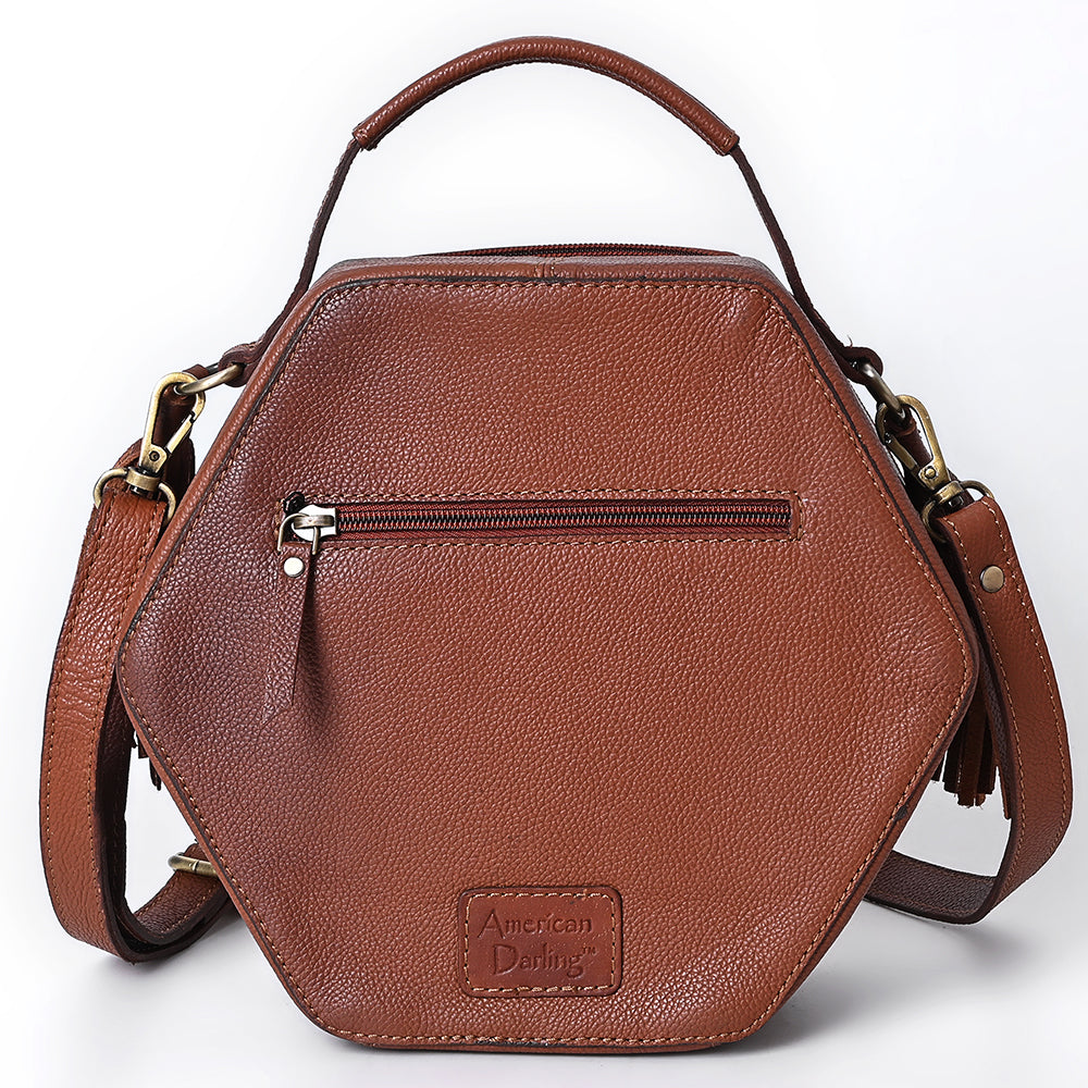 ADBGA702 Western Hexagon Hand-Tooled Leather Crossbody Bag with Floral Carving & Tassels