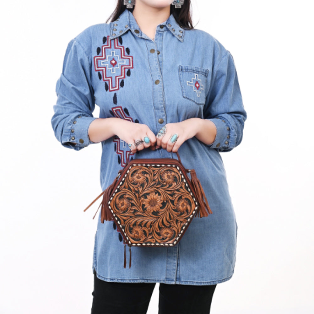 ADBGA702 Western Hexagon Hand-Tooled Leather Crossbody Bag with Floral Carving & Tassels