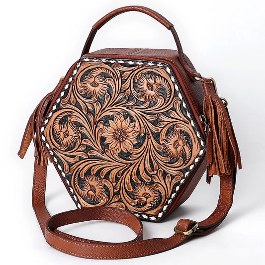 ADBGA702 Western Hexagon Hand-Tooled Leather Crossbody Bag with Floral Carving & Tassels