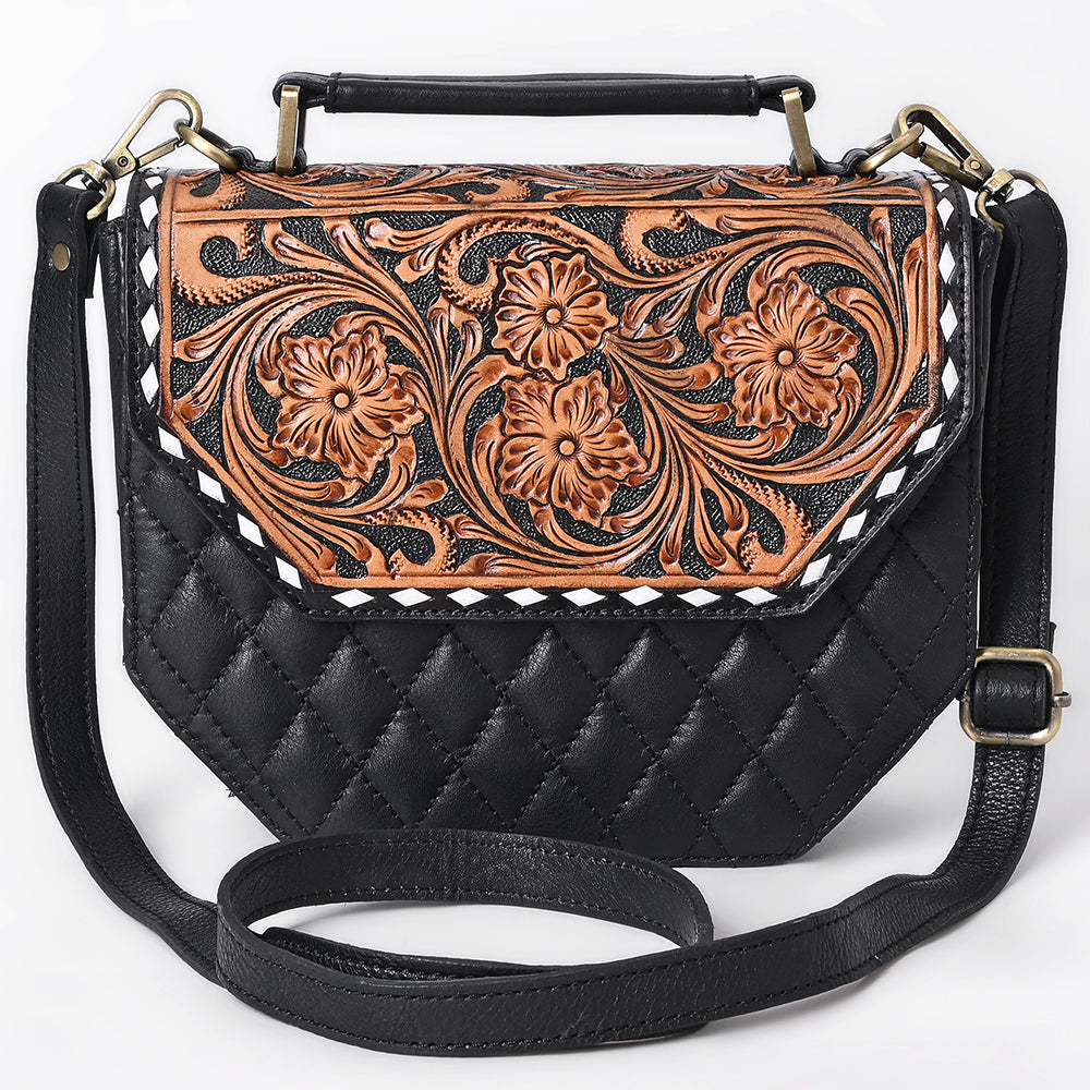 ADBGA703 Western Quilted Leather Crossbody Bag with Hand-Tooled Floral Flap and Top Handle