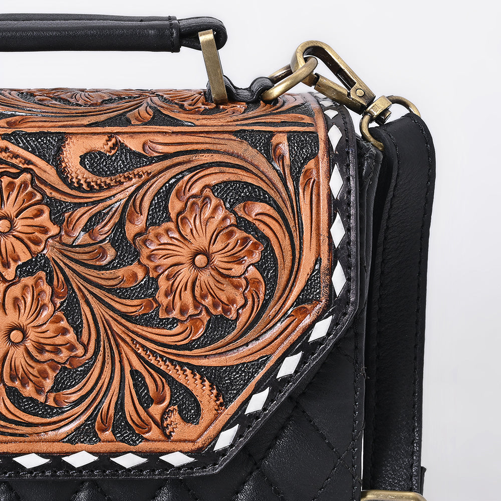 ADBGA703 Western Quilted Leather Crossbody Bag with Hand-Tooled Floral Flap and Top Handle