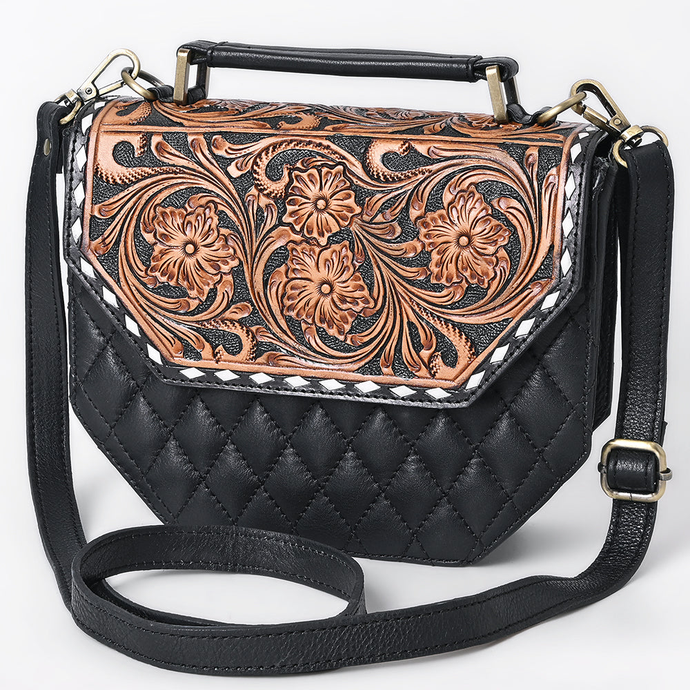 ADBGA703 Western Quilted Leather Crossbody Bag with Hand-Tooled Floral Flap and Top Handle