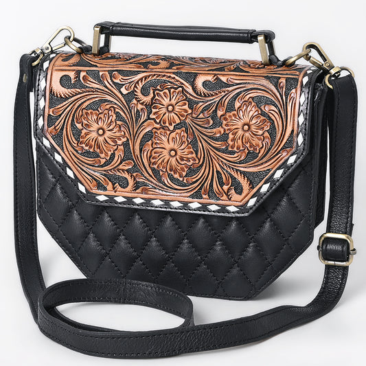 ADBGA703 Western Quilted Leather Crossbody Bag with Hand-Tooled Floral Flap and Top Handle