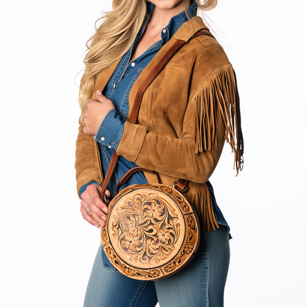 ADBGA705 Round Western Tooled Leather Crossbody Bag - Floral Hand-Carved Design