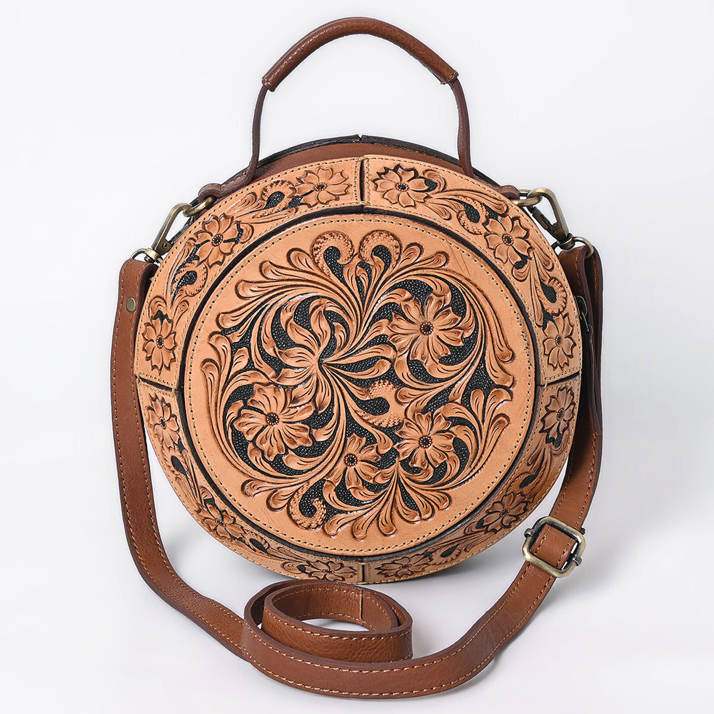 ADBGA705 Round Western Tooled Leather Crossbody Bag - Floral Hand-Carved Design
