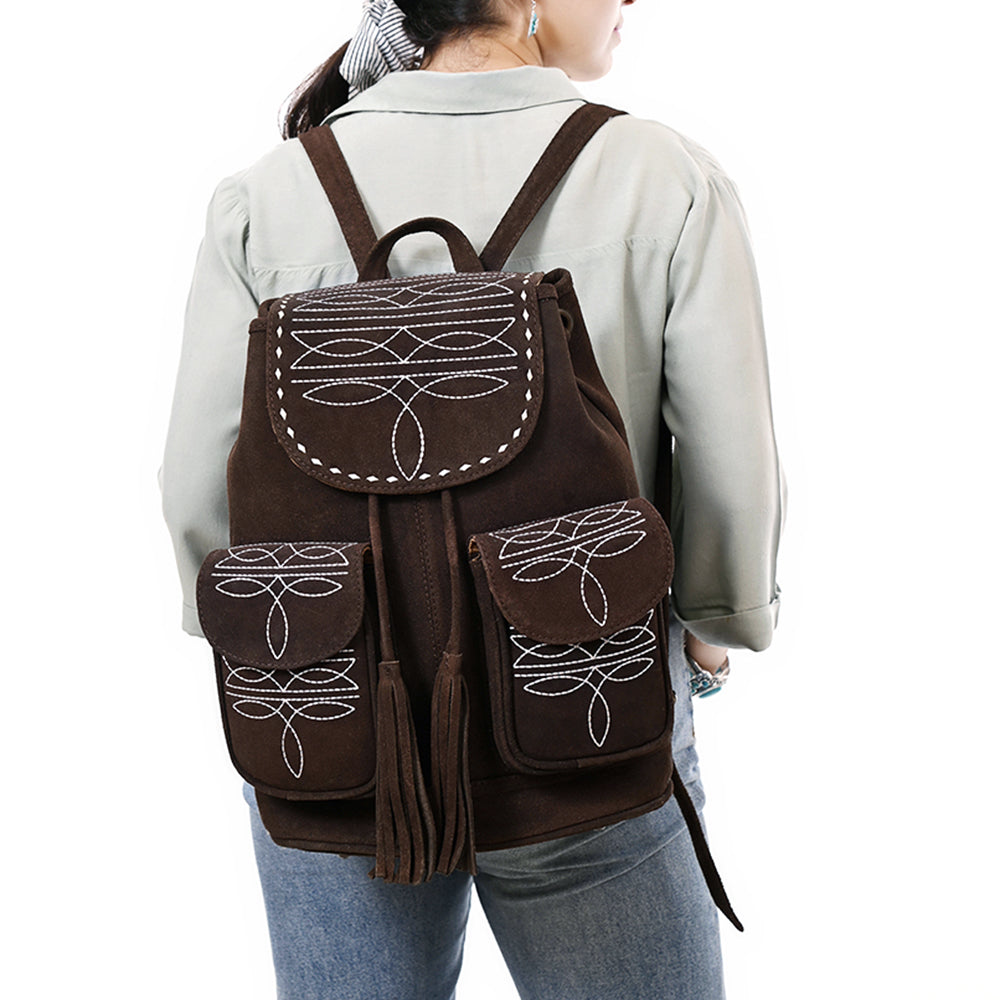 ADBG1640 Brown Genuine suede Embroidered Backpack with Dual Front Pockets and Tassel Drawstring