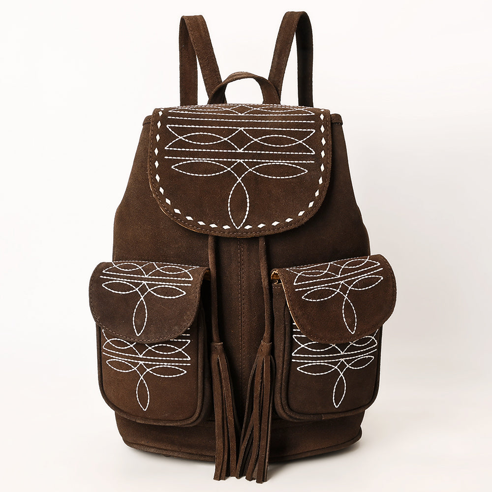 ADBG1640 Brown Genuine suede Embroidered Backpack with Dual Front Pockets and Tassel Drawstring
