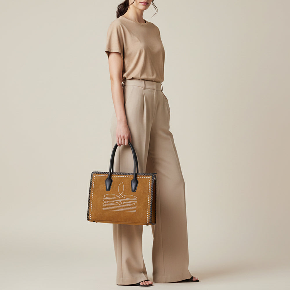 ADBGM484 Genuine suede Western Tote - White Stitch Detail with Braided Trim & Black Leather Handles