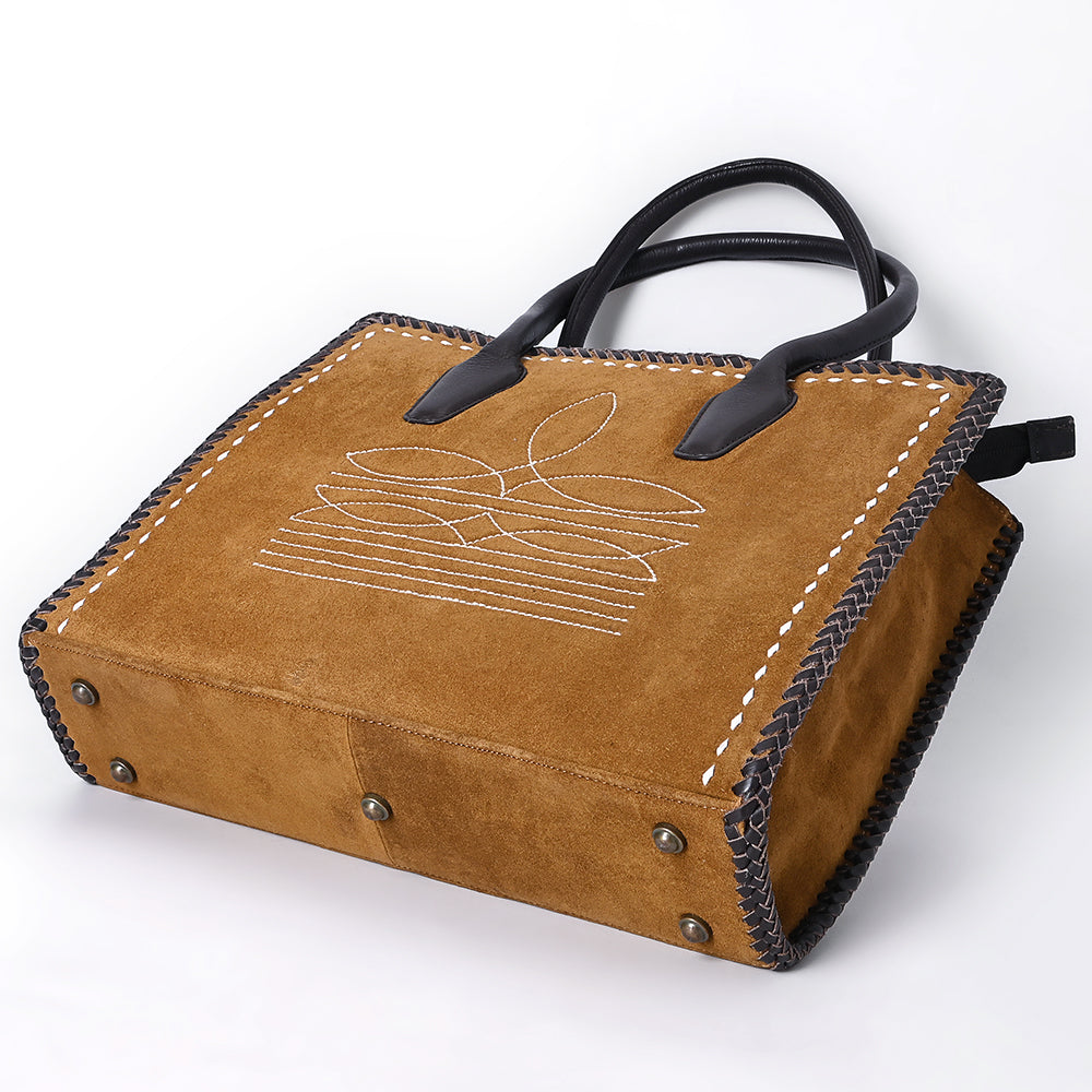 ADBGM484 Genuine suede Western Tote - White Stitch Detail with Braided Trim & Black Leather Handles