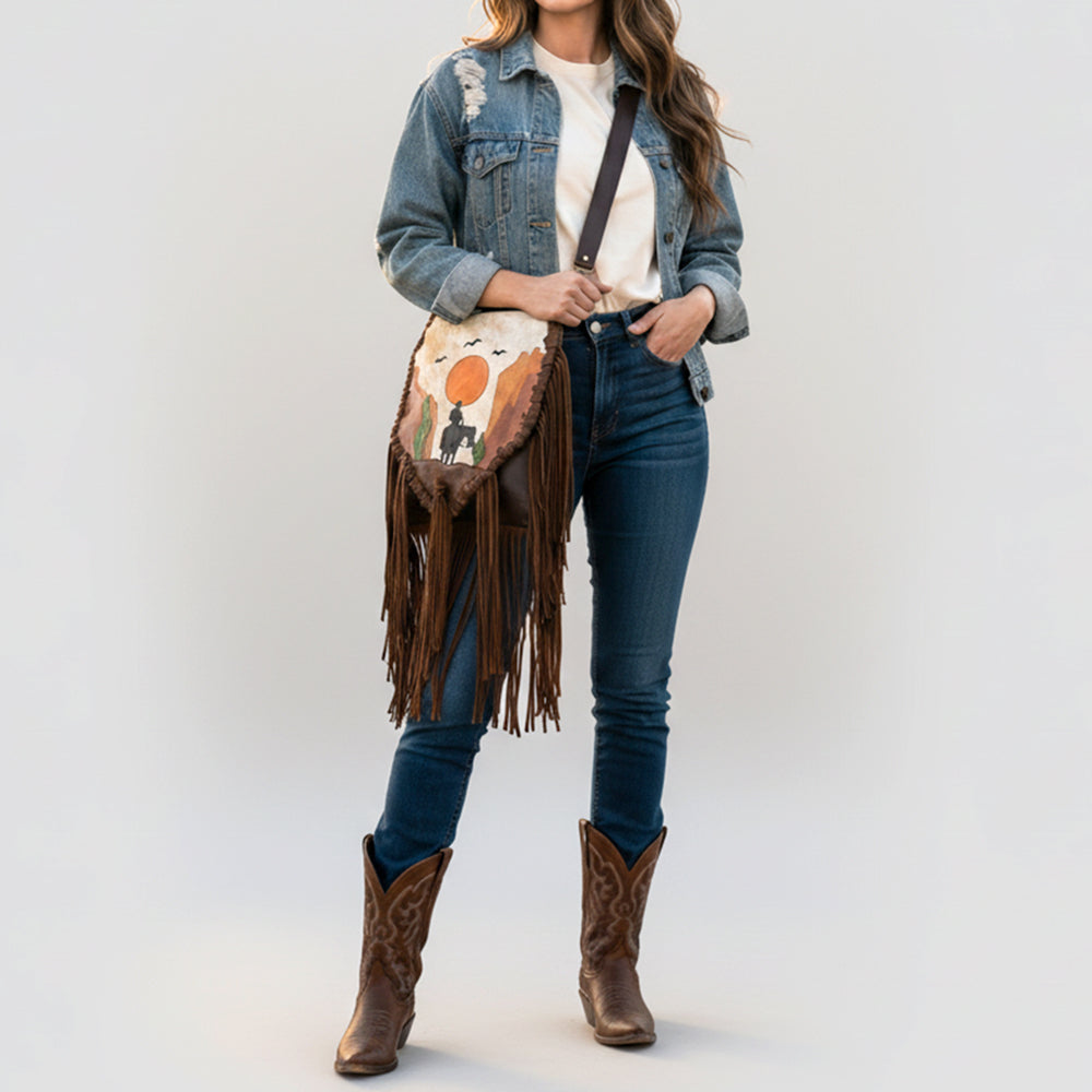 ADBGM540 Western Sunset Cowboy Fringe Messenger - Hair-On Leather Applique  Bag with Desert Scene