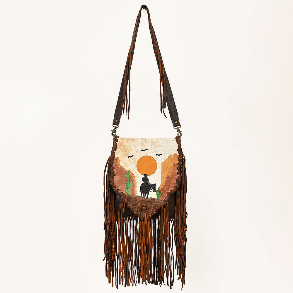 ADBGM540 Western Sunset Cowboy Fringe Messenger - Hair-On Leather Applique  Bag with Desert Scene