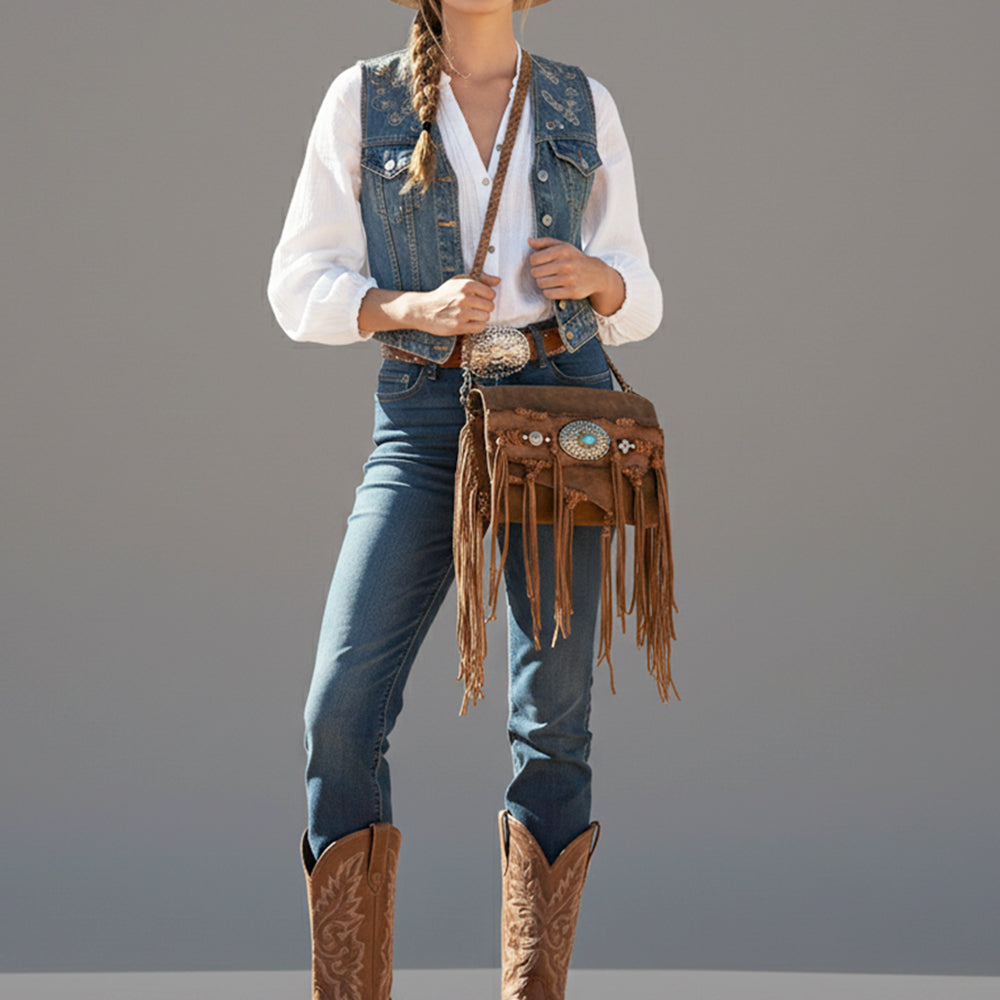 ADBGM541 Rustic Western Fringe Crossbody Bag - Braided Leather with Conchos & Turquoise Accent