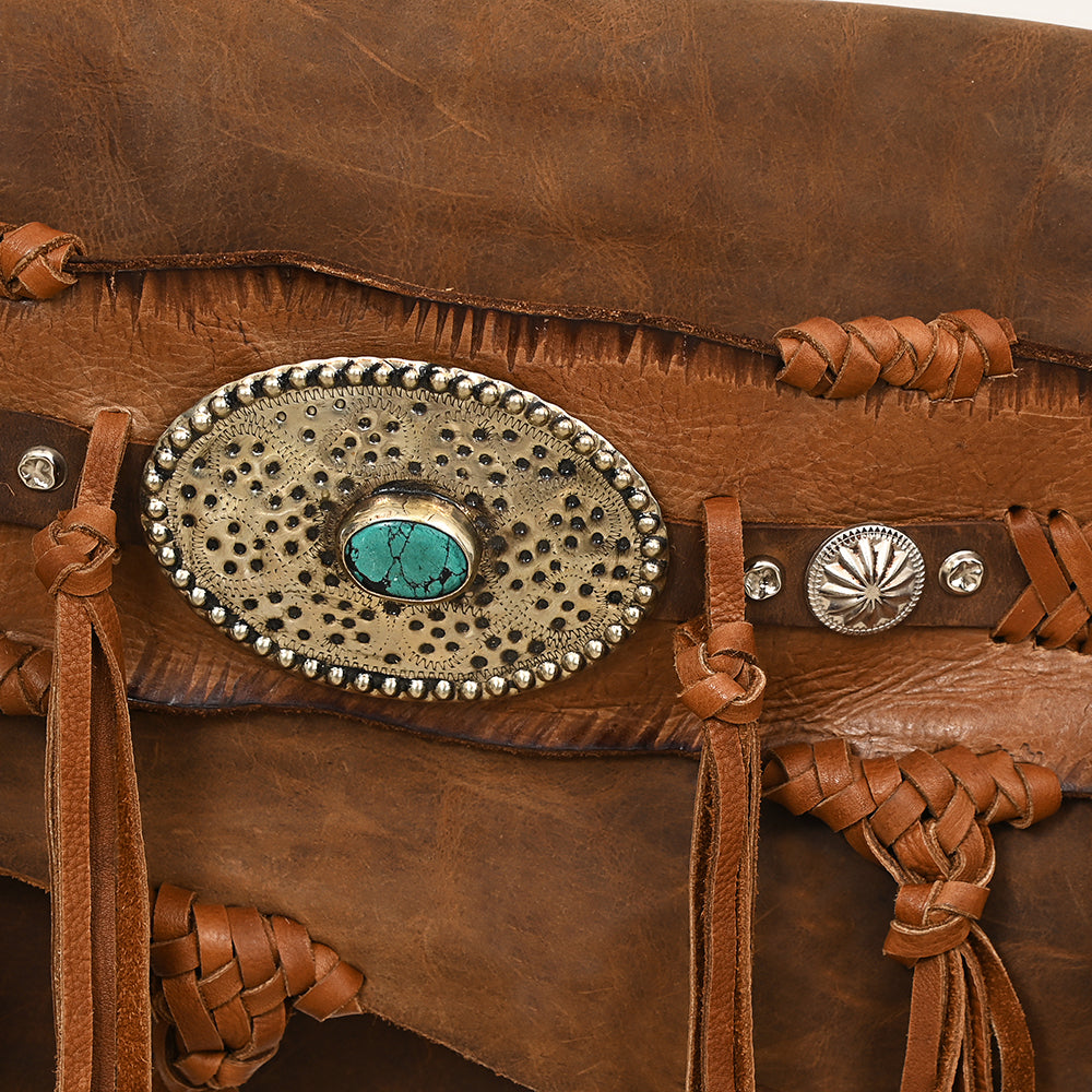 ADBGM541 Rustic Western Fringe Crossbody Bag - Braided Leather with Conchos & Turquoise Accent