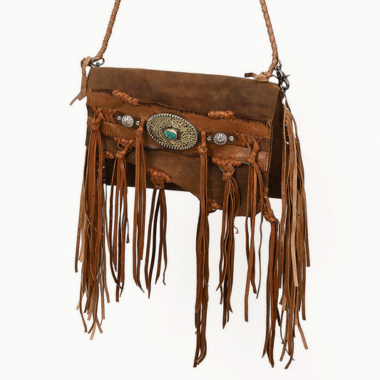 ADBGM541 Rustic Western Fringe Crossbody Bag - Braided Leather with Conchos & Turquoise Accent