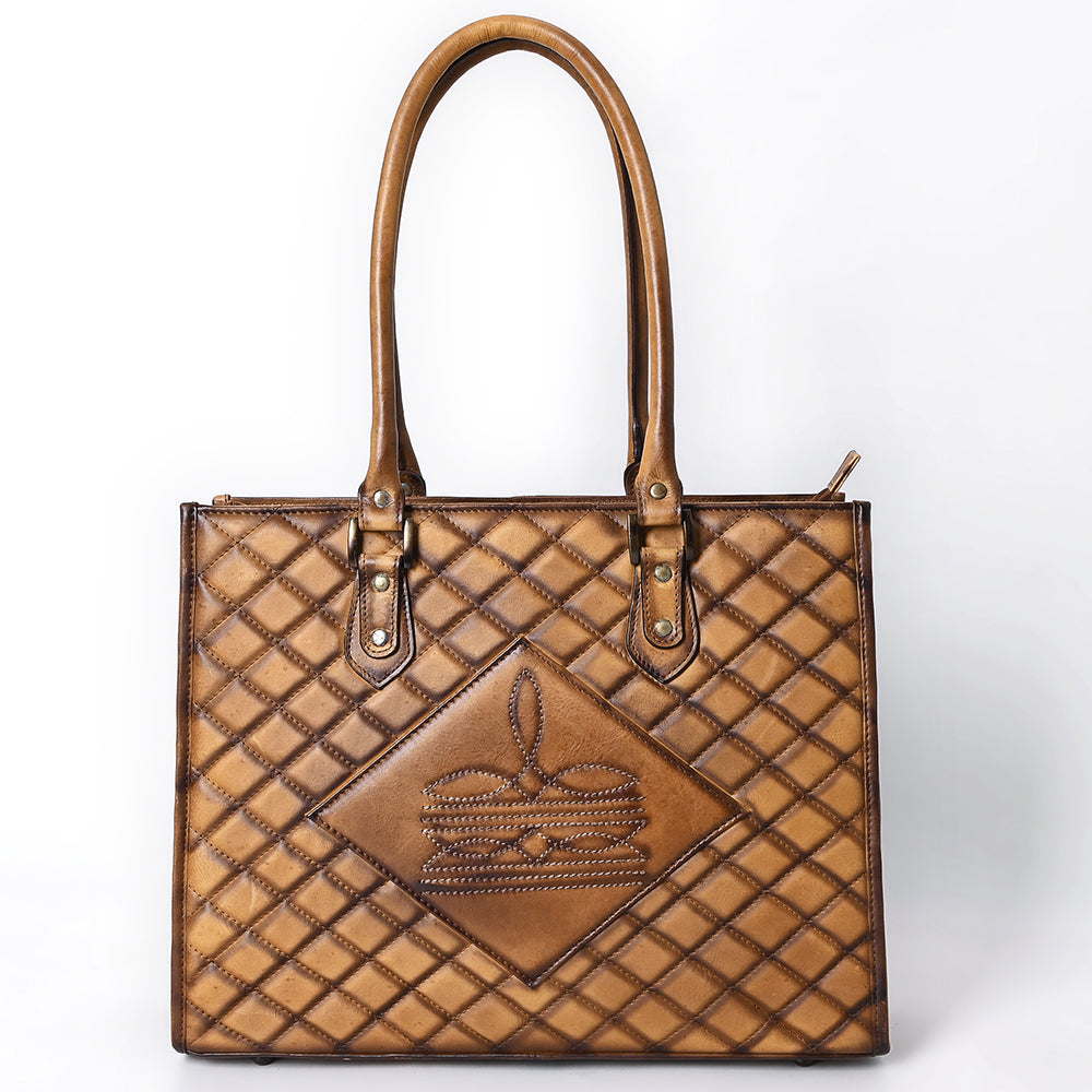 ADBGM542 Western Quilted Leather Tote Bag - Structured Cowgirl Handbag with Diamond Stitch Patch