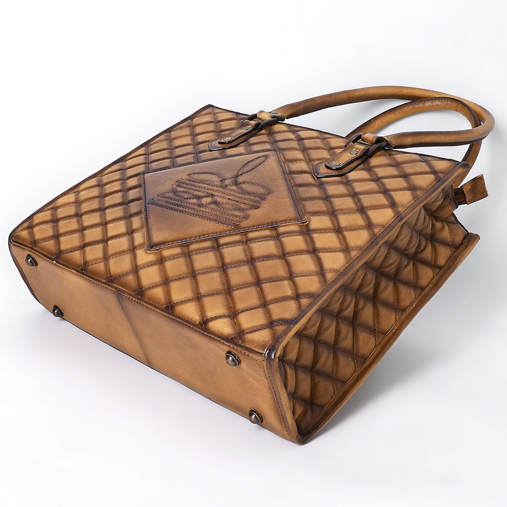 ADBGM542 Western Quilted Leather Tote Bag - Structured Cowgirl Handbag with Diamond Stitch Patch