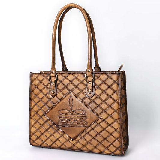 ADBGM542 Western Quilted Leather Tote Bag - Structured Cowgirl Handbag with Diamond Stitch Patch
