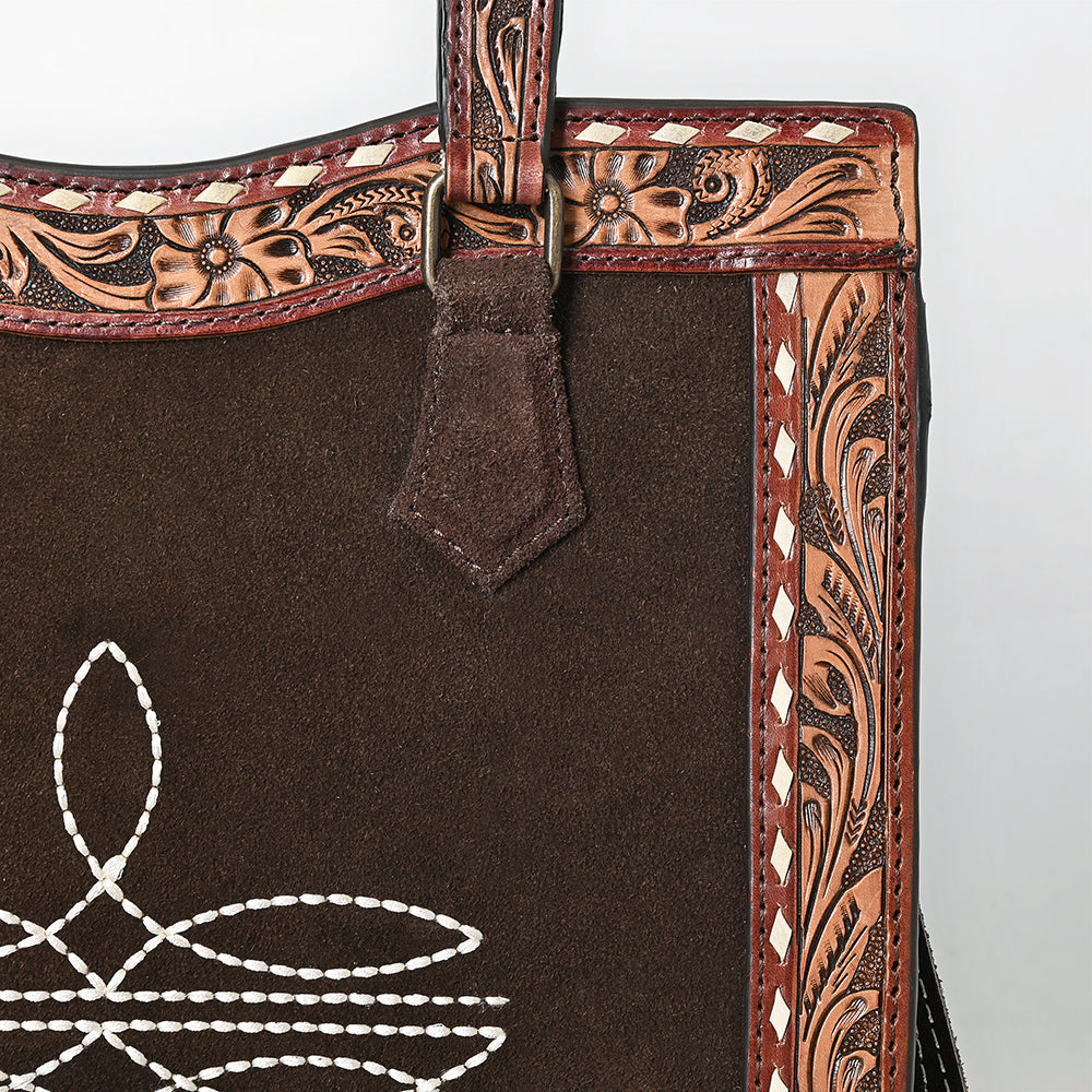 ADBG1642 Brown Genuine suede Tote Bag with Tooled Leather Trim, White Embroidery & Crossbody Strap