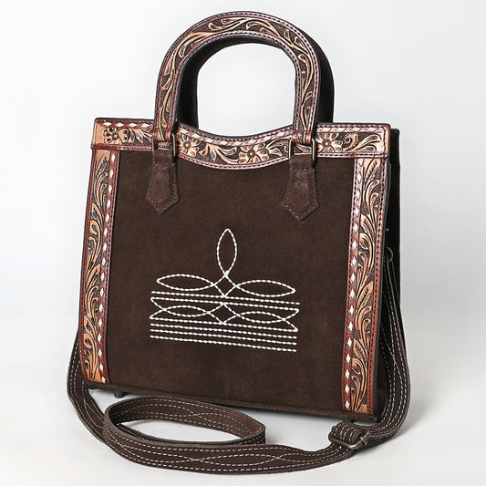 ADBG1642 Brown Genuine suede Tote Bag with Tooled Leather Trim, White Embroidery & Crossbody Strap