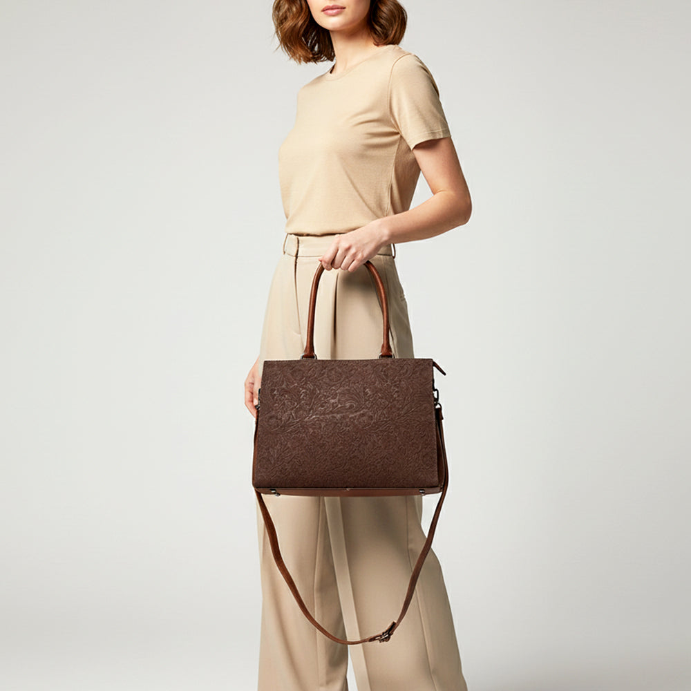 ADBG1644 Brown Floral Embossed Leather Tote Bag with Dual Handles and Crossbody Strap