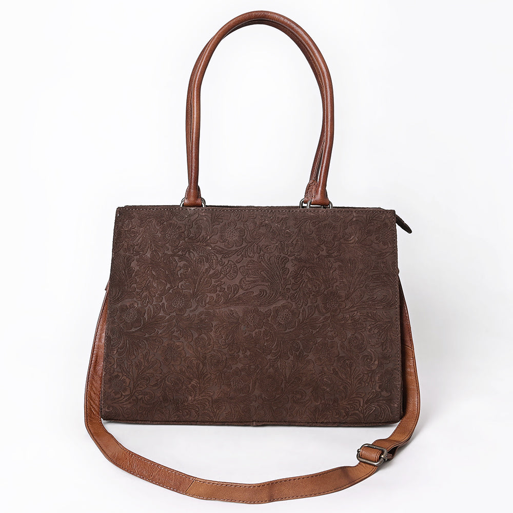 ADBG1644 Brown Floral Embossed Leather Tote Bag with Dual Handles and Crossbody Strap