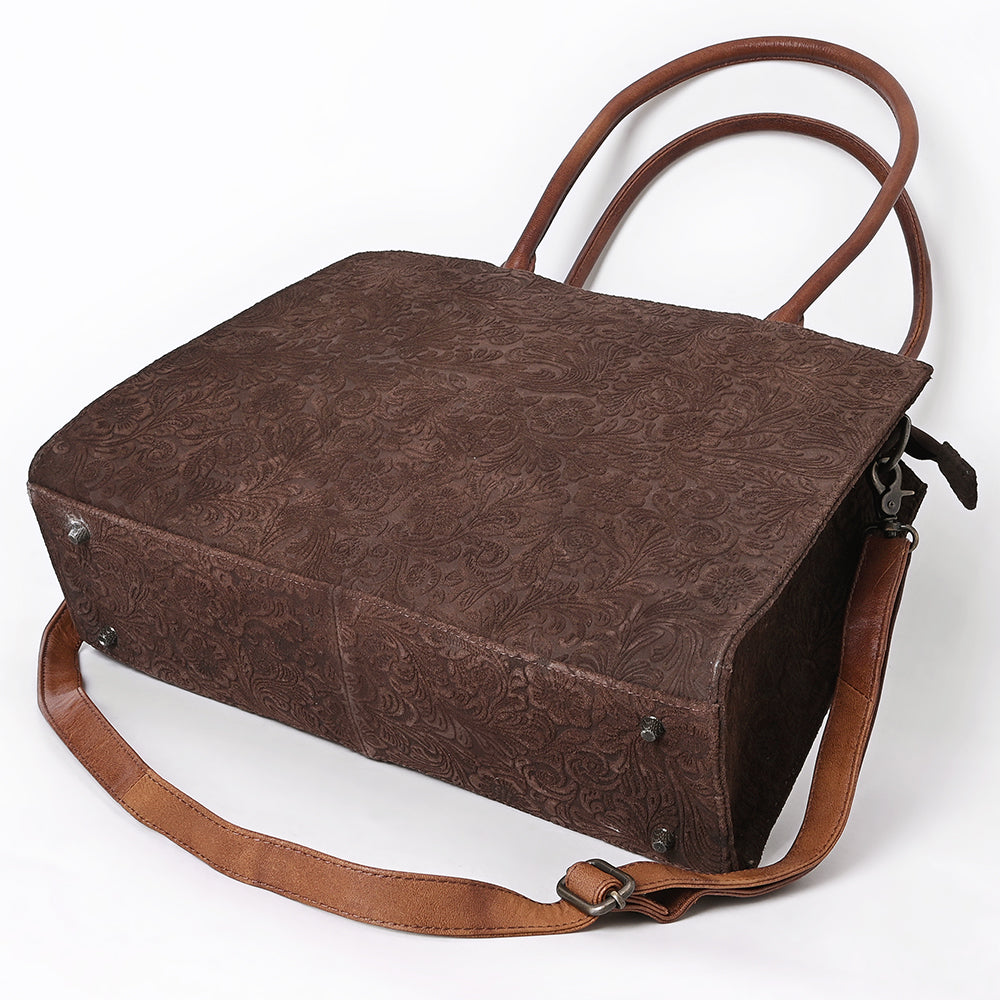 ADBG1644 Brown Floral Embossed Leather Tote Bag with Dual Handles and Crossbody Strap
