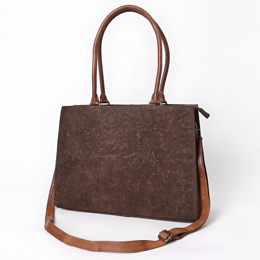 ADBG1644 Brown Floral Embossed Leather Tote Bag with Dual Handles and Crossbody Strap