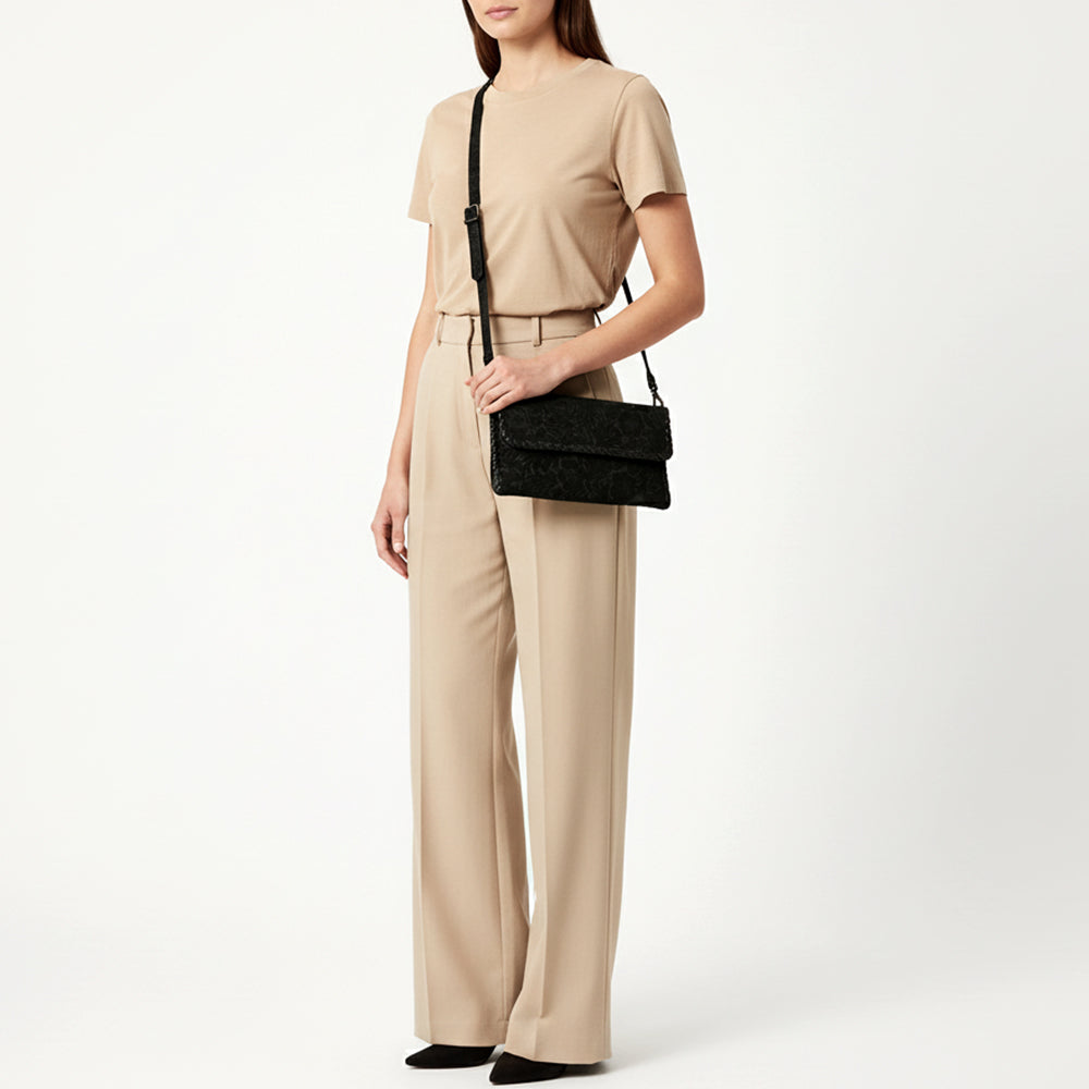 ADBG1645 Black Floral Embossed Leather Crossbody Bag with Whipstitch Trim