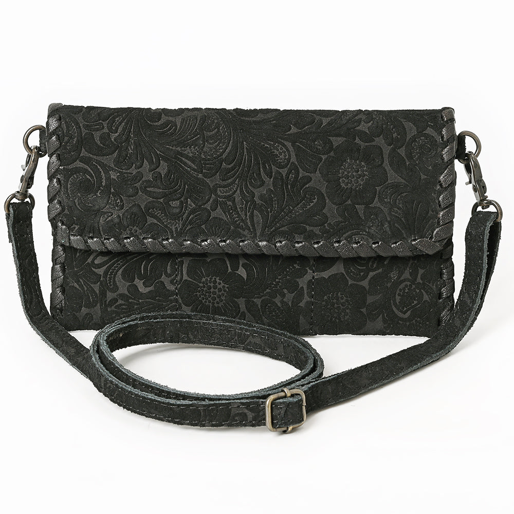 ADBG1645 Black Floral Embossed Leather Crossbody Bag with Whipstitch Trim