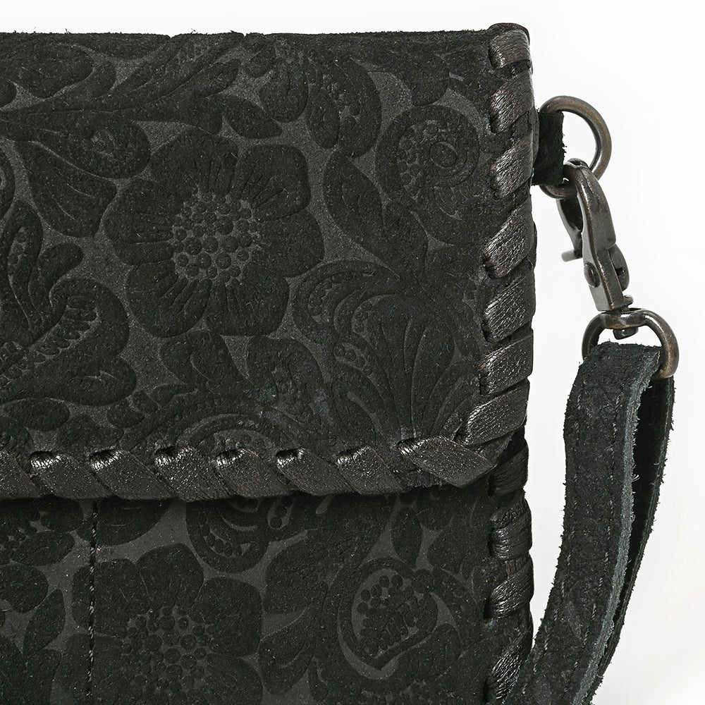 ADBG1645 Black Floral Embossed Leather Crossbody Bag with Whipstitch Trim