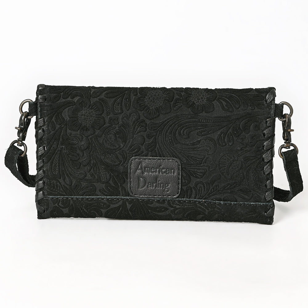 ADBG1645 Black Floral Embossed Leather Crossbody Bag with Whipstitch Trim