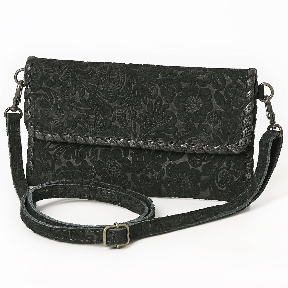 ADBG1645 Black Floral Embossed Leather Crossbody Bag with Whipstitch Trim