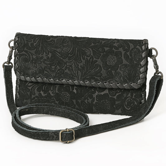 ADBG1645 Black Floral Embossed Leather Crossbody Bag with Whipstitch Trim
