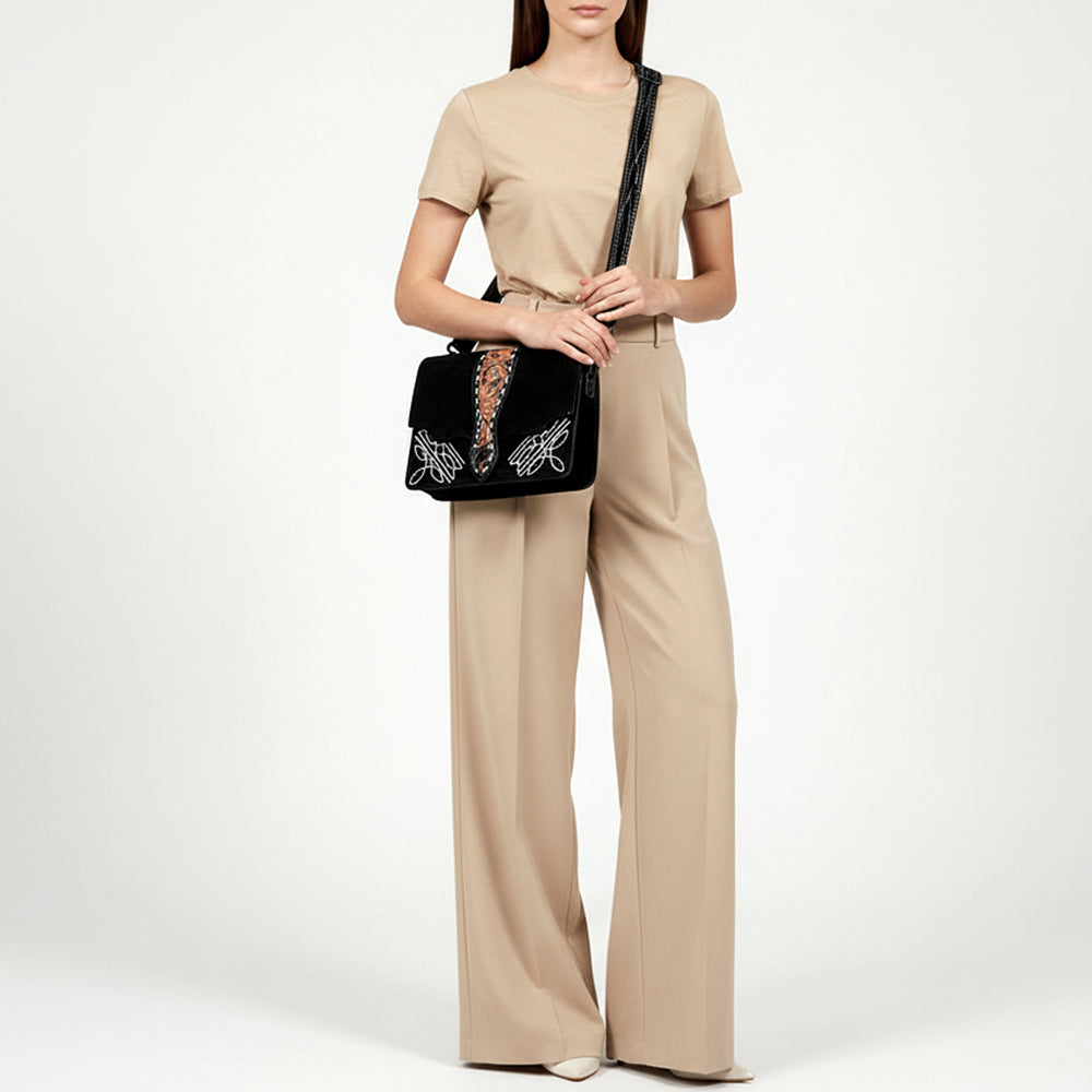 ADBG1646A Black Genuine suede Crossbody Bag with Tooled Sunflower Strap & White Embroidery