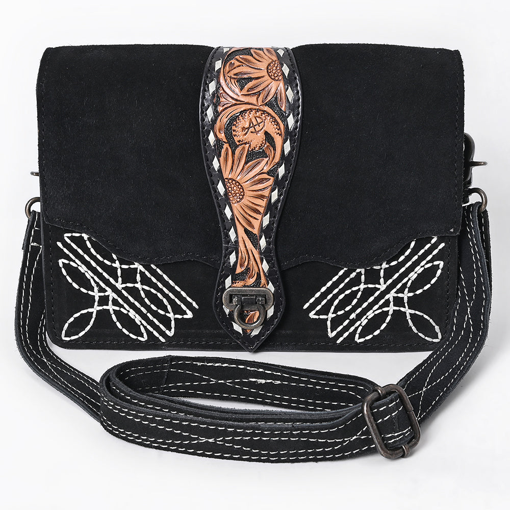 ADBG1646A Black Genuine suede Crossbody Bag with Tooled Sunflower Strap & White Embroidery