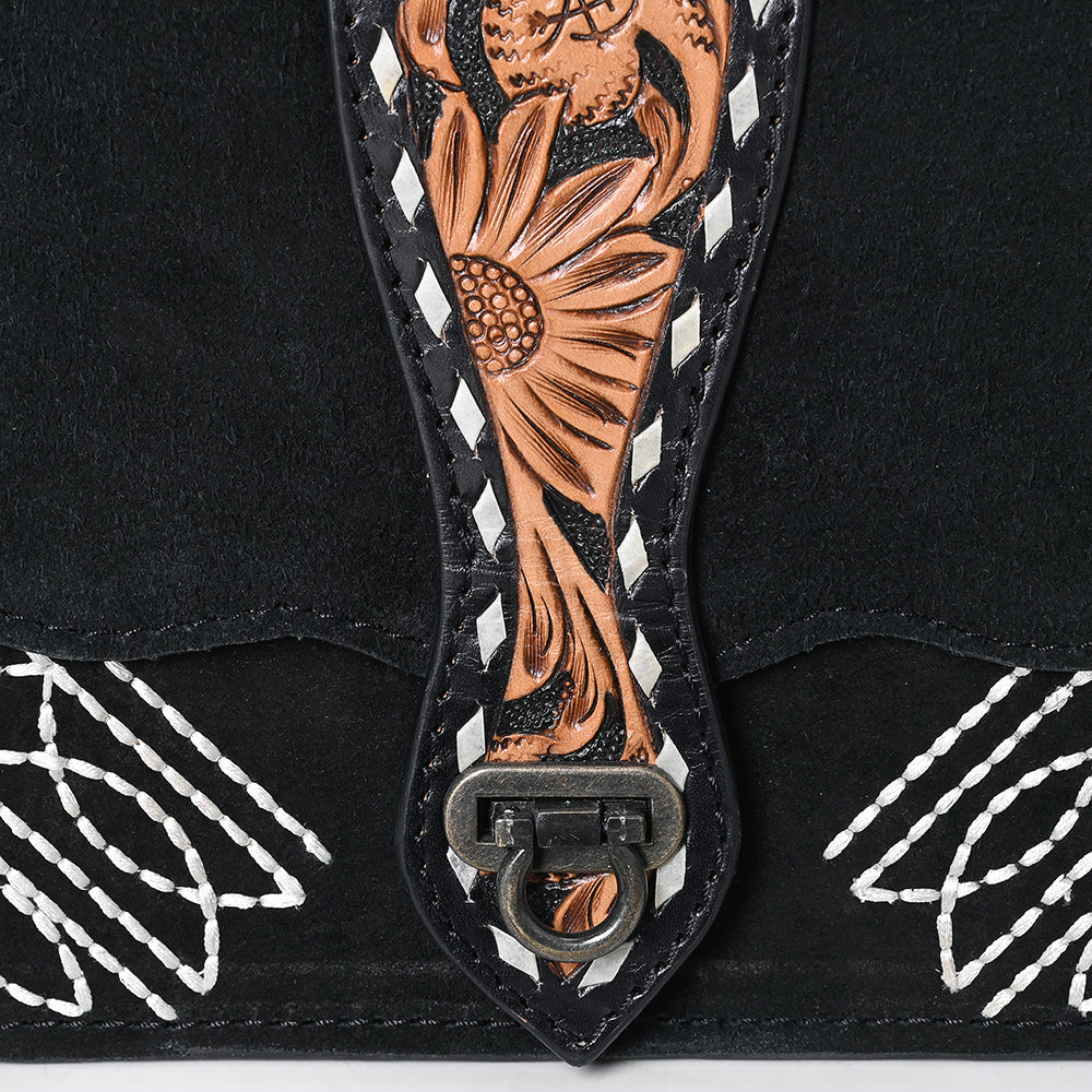 ADBG1646A Black Genuine suede Crossbody Bag with Tooled Sunflower Strap & White Embroidery
