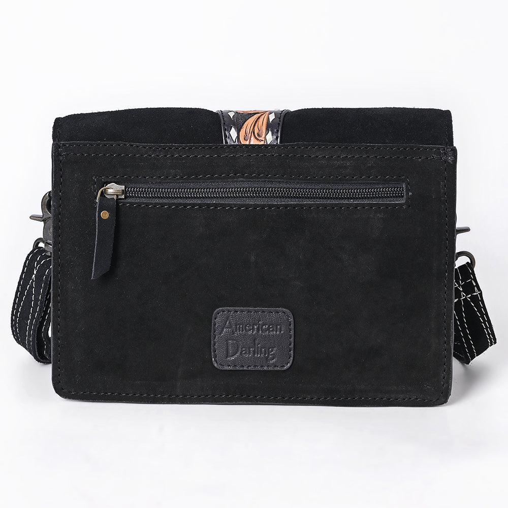 ADBG1646A Black Genuine suede Crossbody Bag with Tooled Sunflower Strap & White Embroidery