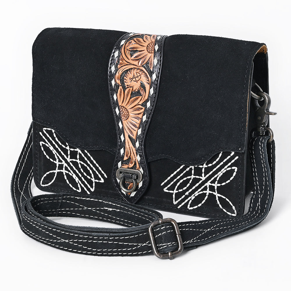 ADBG1646A Black Genuine suede Crossbody Bag with Tooled Sunflower Strap & White Embroidery