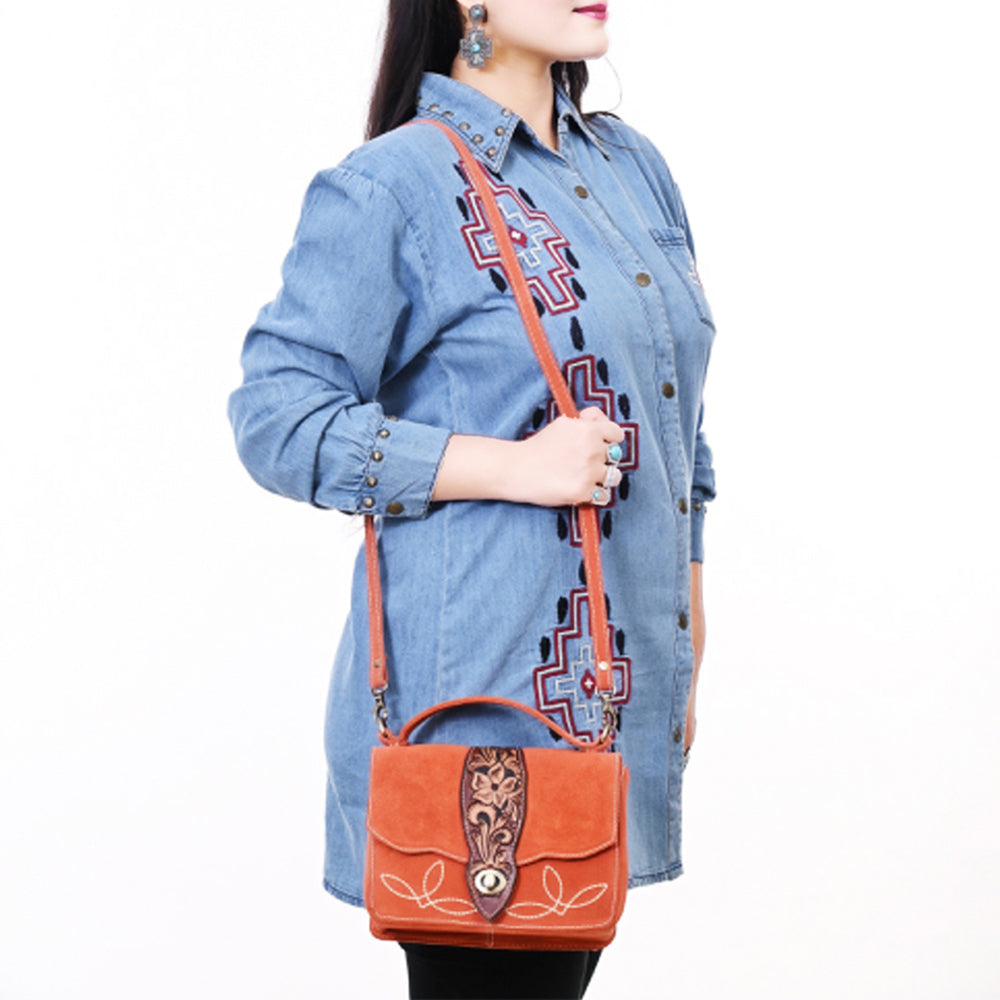 ADBGA712 Western Burnt Orange Genuine suede Shoulder Bag - Tooled Leather Floral Flap with Turn Lock
