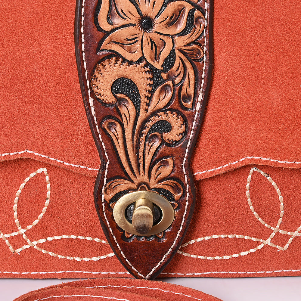 ADBGA712 Western Burnt Orange Genuine suede Shoulder Bag - Tooled Leather Floral Flap with Turn Lock
