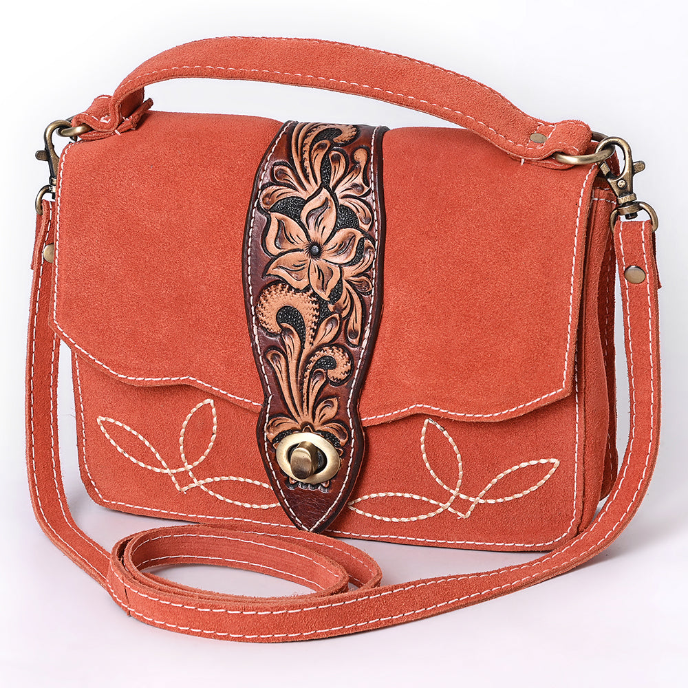 ADBGA712 Western Burnt Orange Genuine suede Shoulder Bag - Tooled Leather Floral Flap with Turn Lock