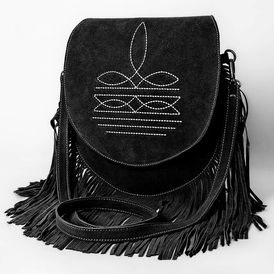 ADBGA713 Genuine suede Western Fringe Messenger Bag - White Stitch Design with Flap Closure